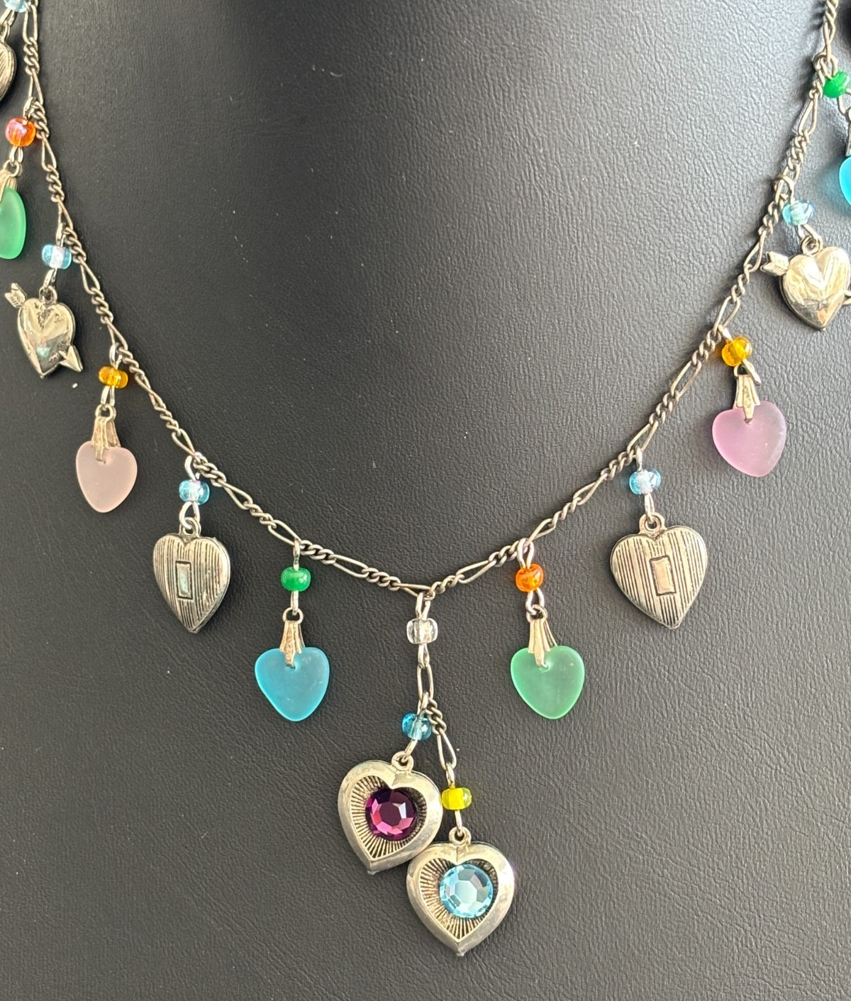 Glass Works Studio Women’s Necklace Brass Tone Metal Heart Glass Charms Artisan