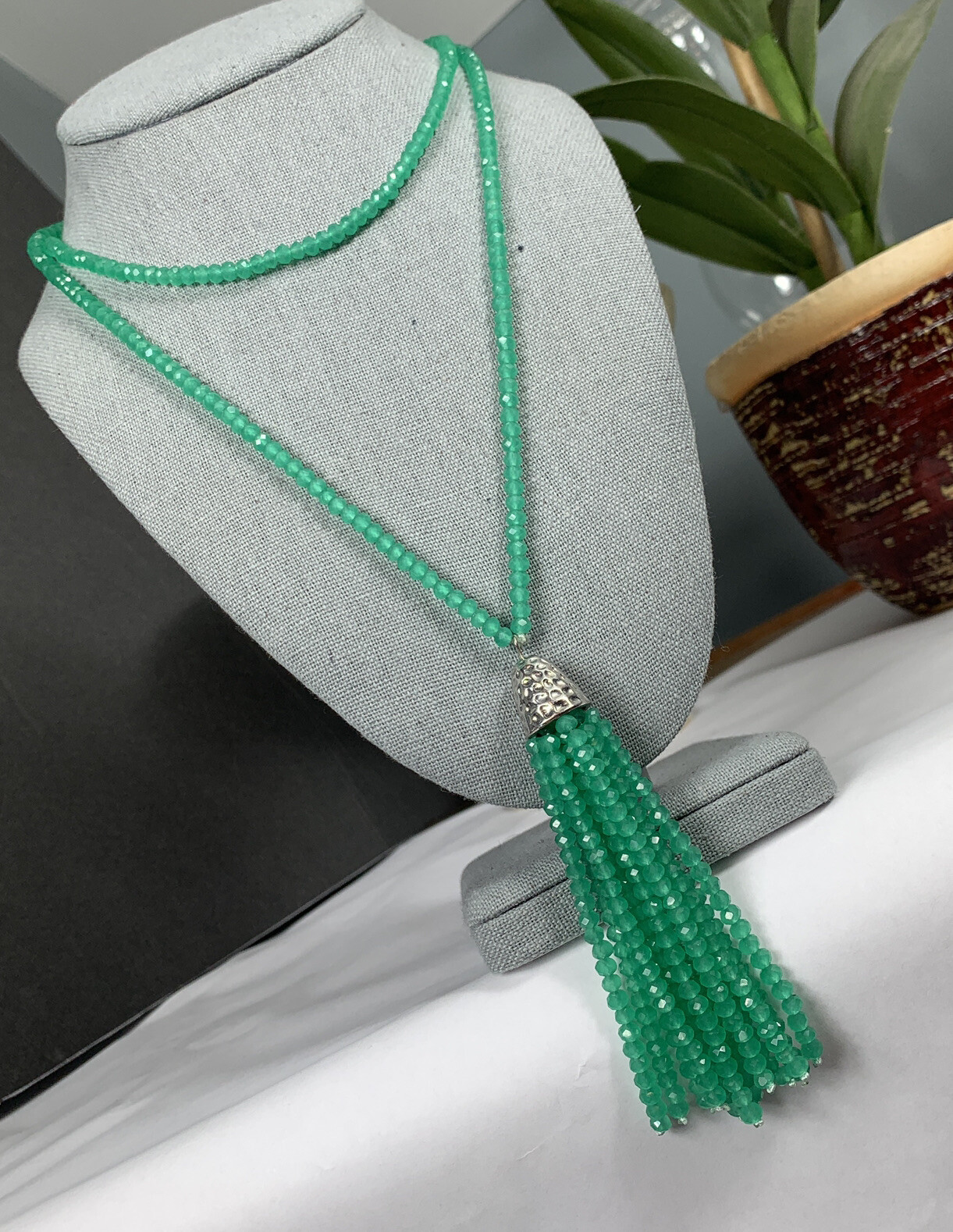 Sea Foam Green Glass Tassel Necklace 36 In Long 3.5 in Tassel Super Sparkle
