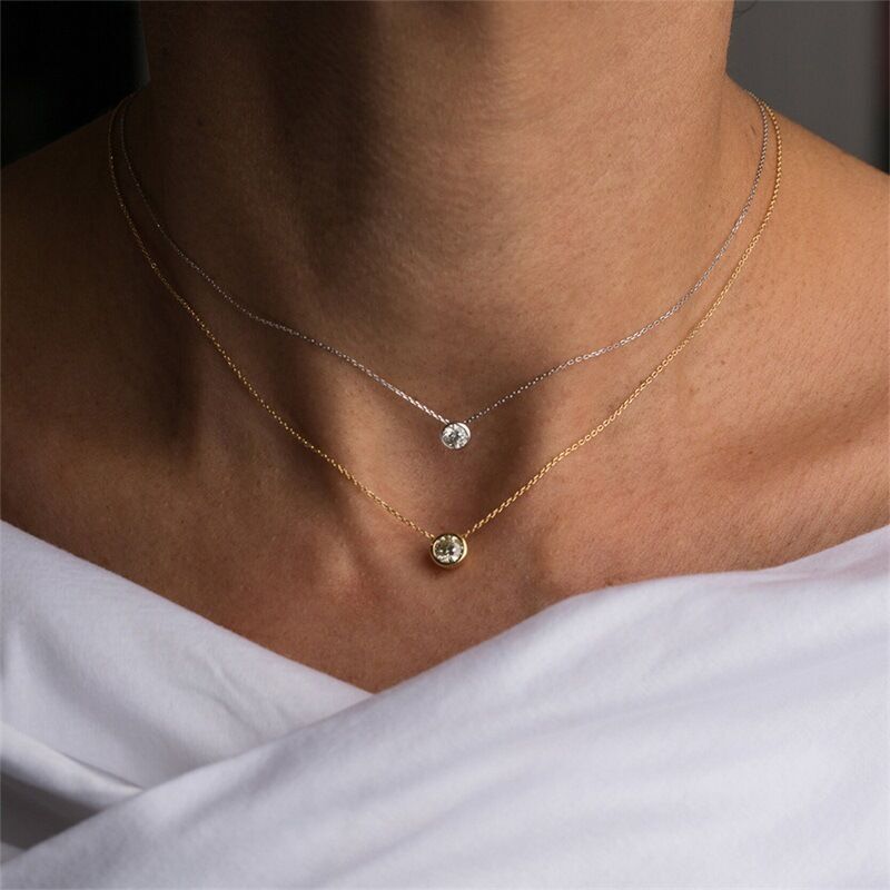 12 Colors Woman 14K Gold Plate Multicolor CZ Round Pendant Charm Chain Necklace