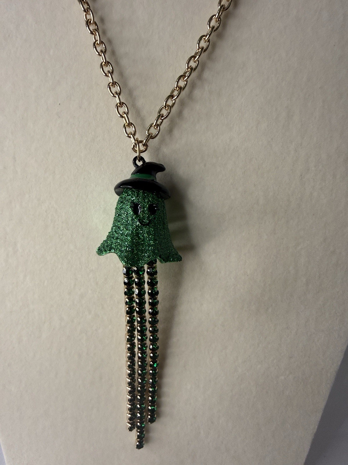 Halloween Betsey Johnson Green Glitter Ghost Rhinestone Witch Necklace NWT