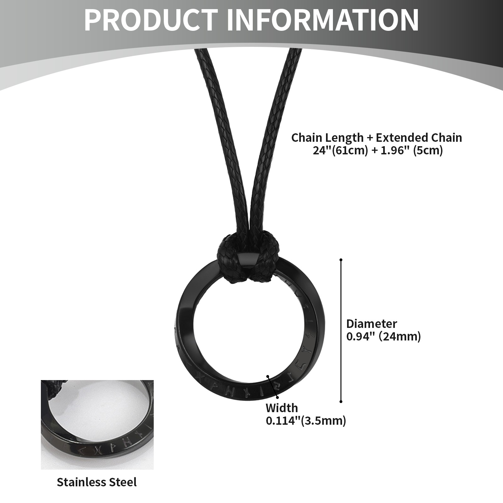 Mens Mobius Ring Norse Viking Rune Necklace with Adjustable Braided Leather Cord