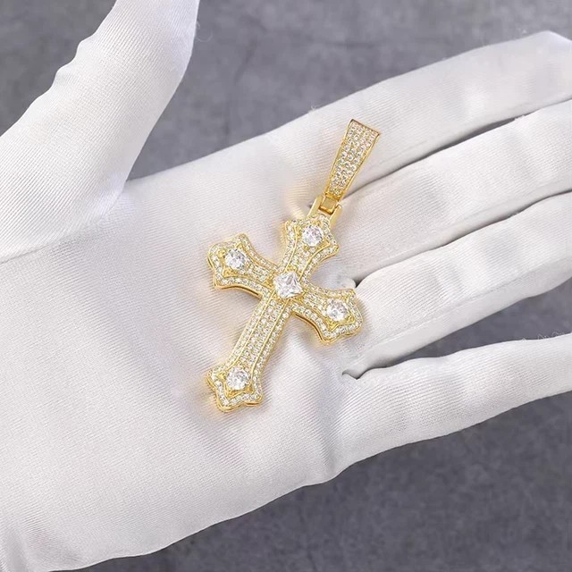 3Ct Round Cut Simulated Diamond Cross Pendant 14K Yellow Gold Plated Free Chain
