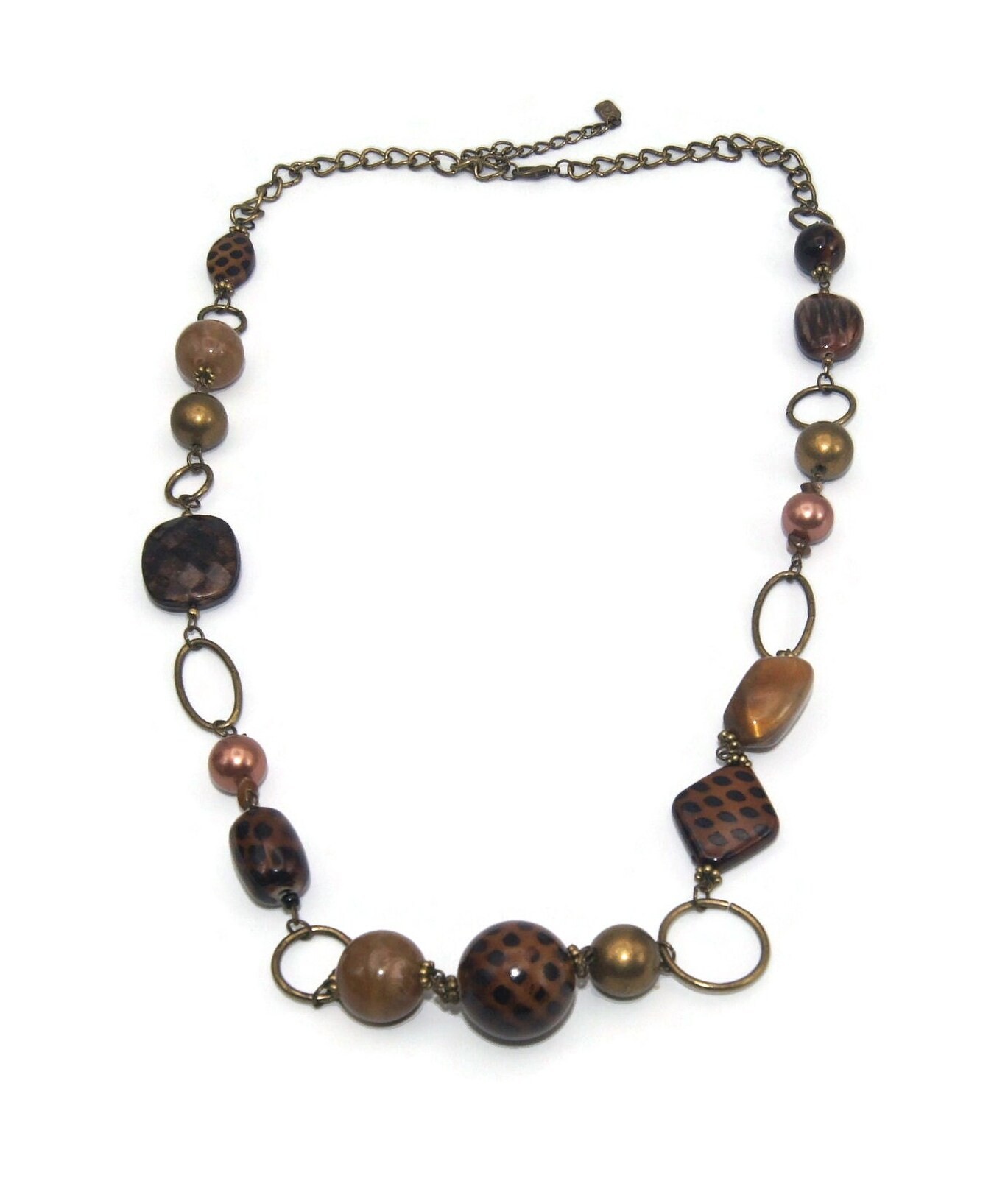 Vintage You and I Gold Tone and Brown Plastic Beaded 35 Inch Necklace.