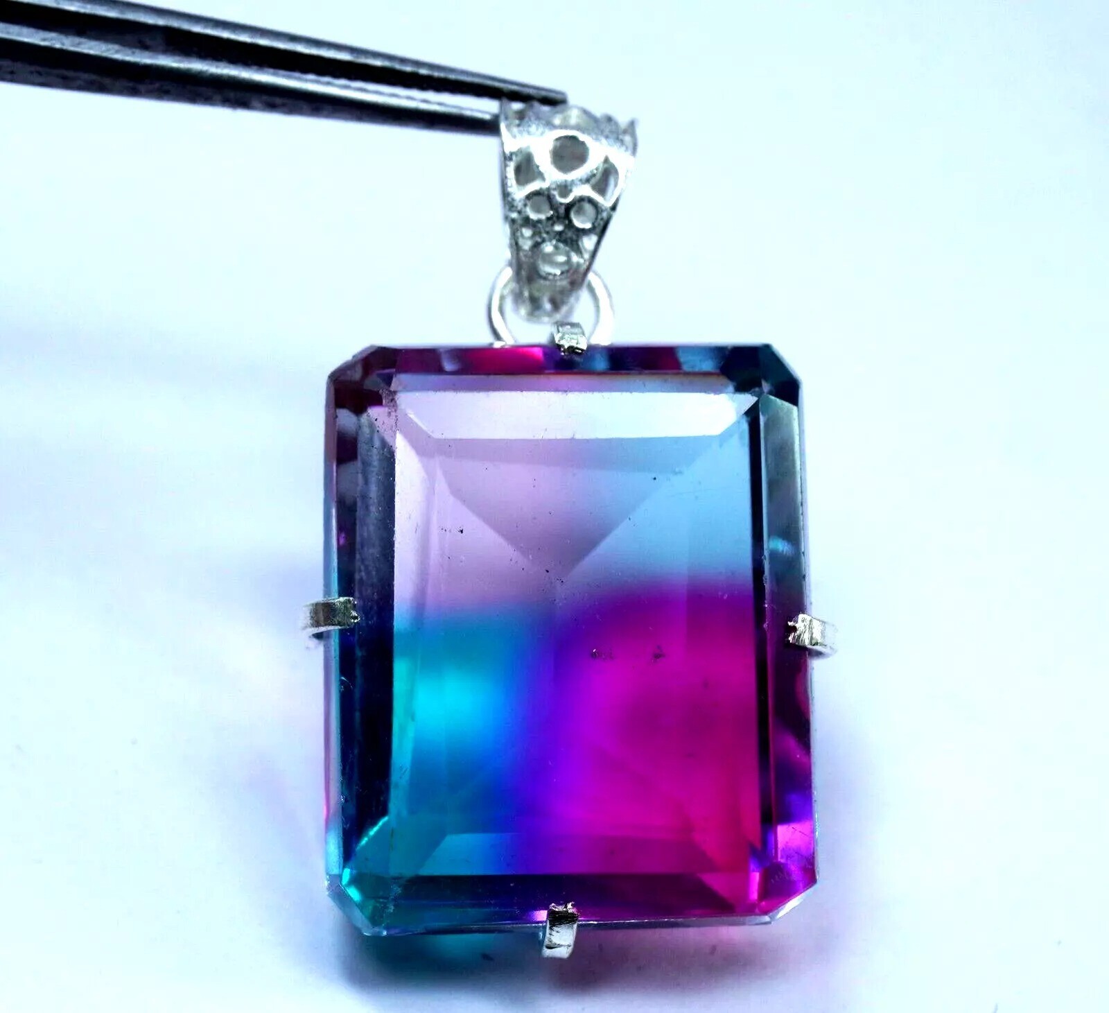 Natural Tourmaline 93.92 Ct Emerald Quad Color 925 Solid Silver Pendant Gemstone