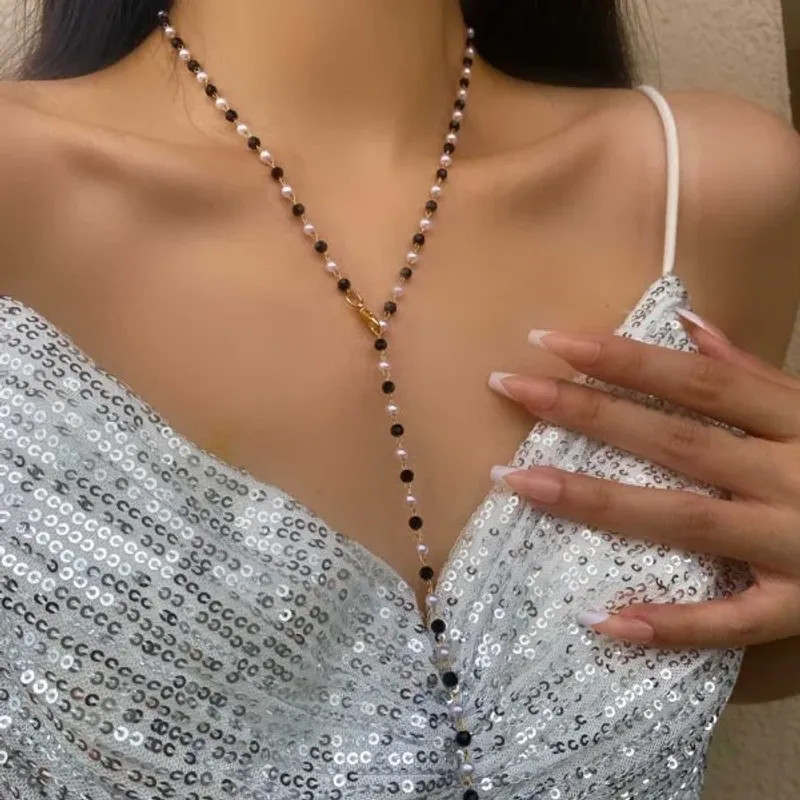 Trendy Gold Silver Color Glass Long Y-Shaped Necklace Metal Collarbone Chain