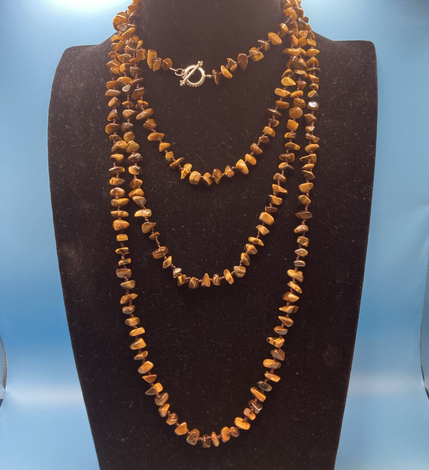 SX-Sterling Silver Tiger’s Eye Stone 83″ Long Toggle Necklace-MADE IN THAILAND