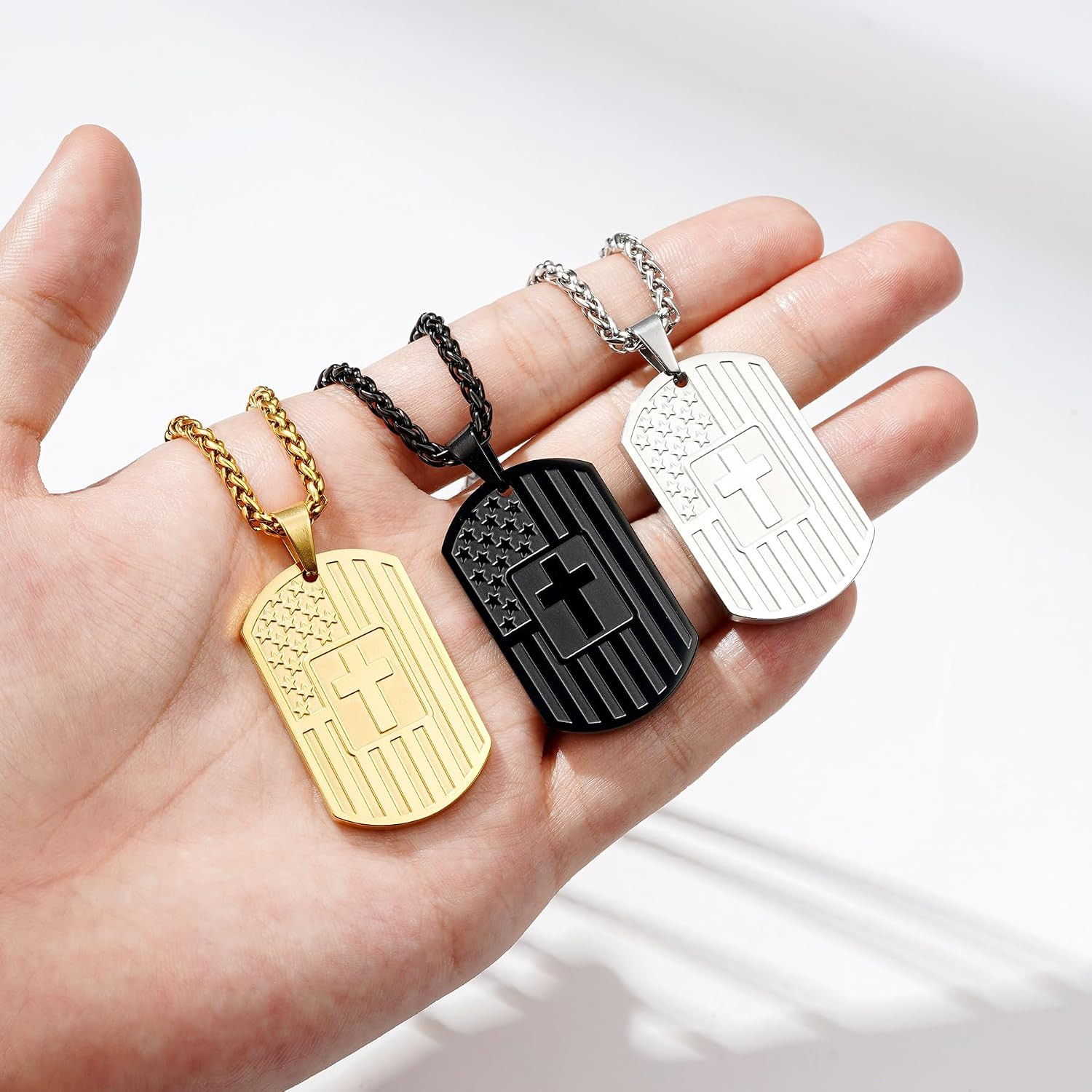 American Dog Tag Cross Necklace for Men Boys Christian Confirmation Gifts