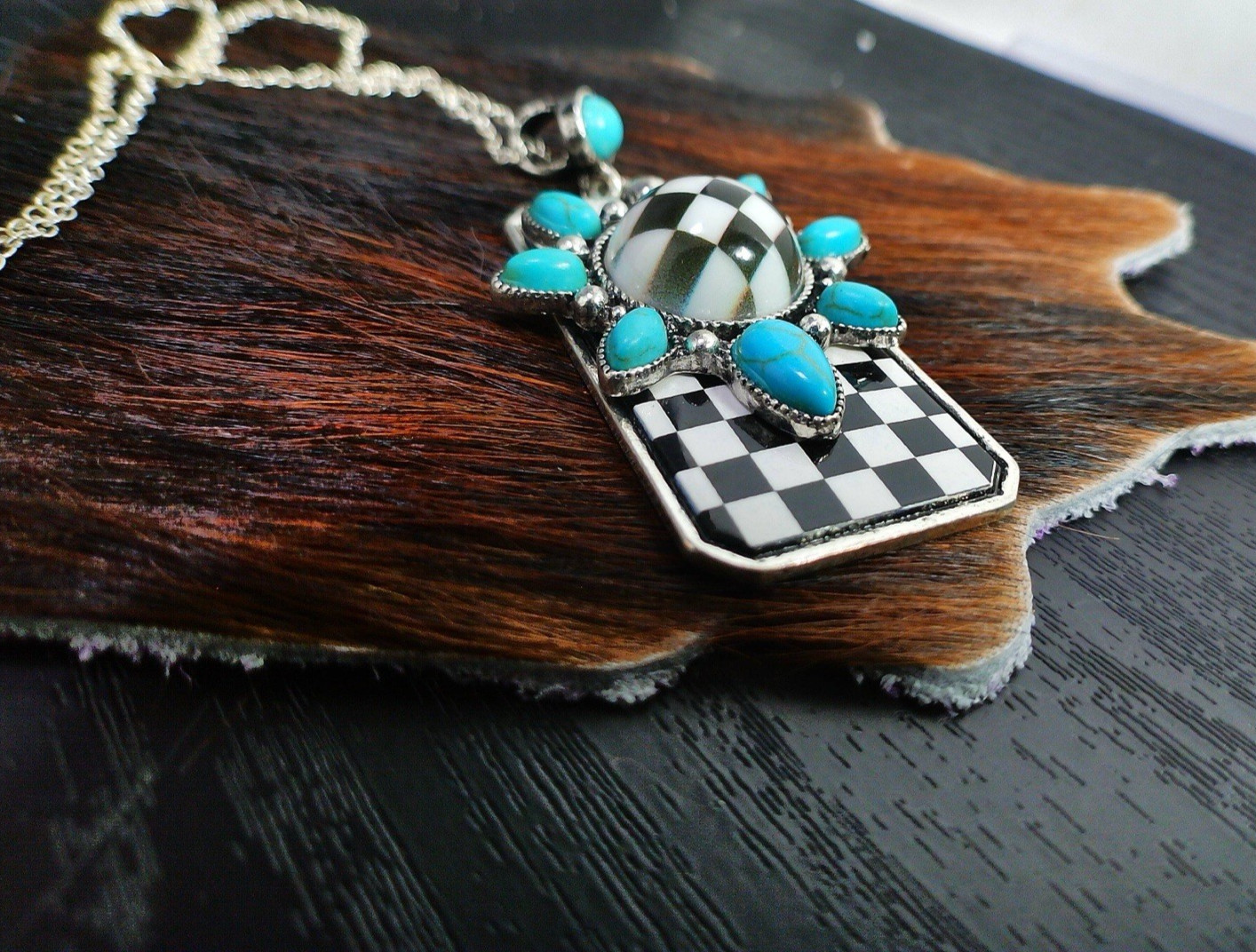 Black White Checkered Turquoise Statement Necklace 18″ 925 Stamped Chain