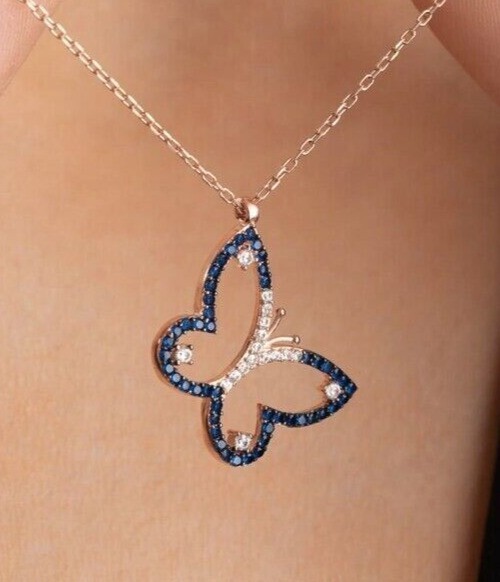 Round Simulated Blue Sapphire Stunning Butterfly Pendant 14K White Gold Plated