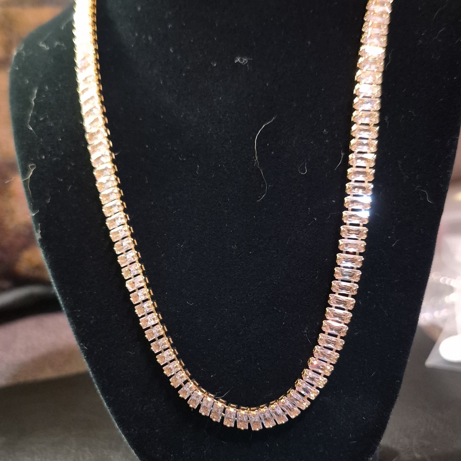16″ Yellow Gold Plated Baguette CZ Rhinestone Tennis Chain Necklace w/ Lobster