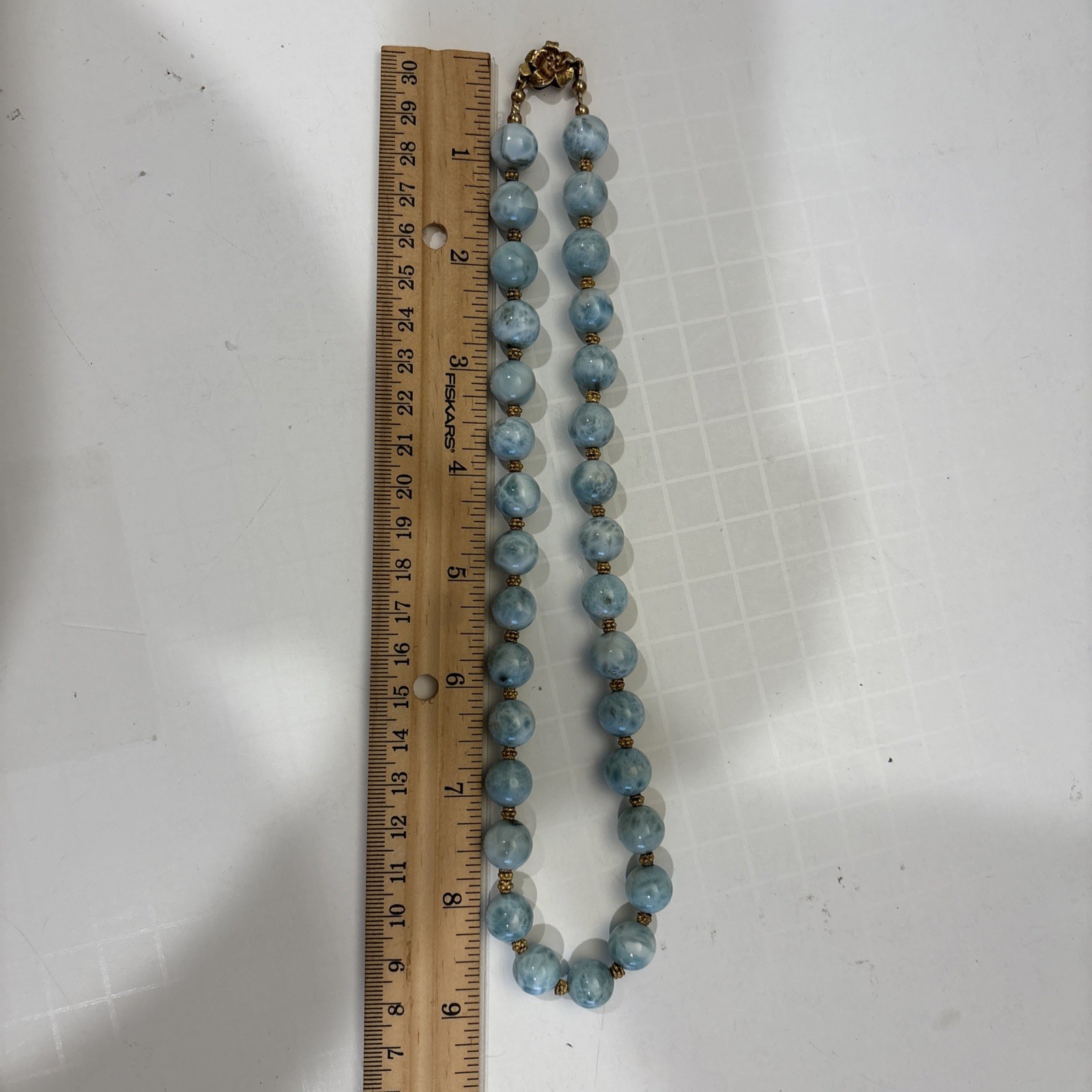 Handcrafted Genuine Dominican Larimar Ball Necklace Brass Accents & Flower Clasp