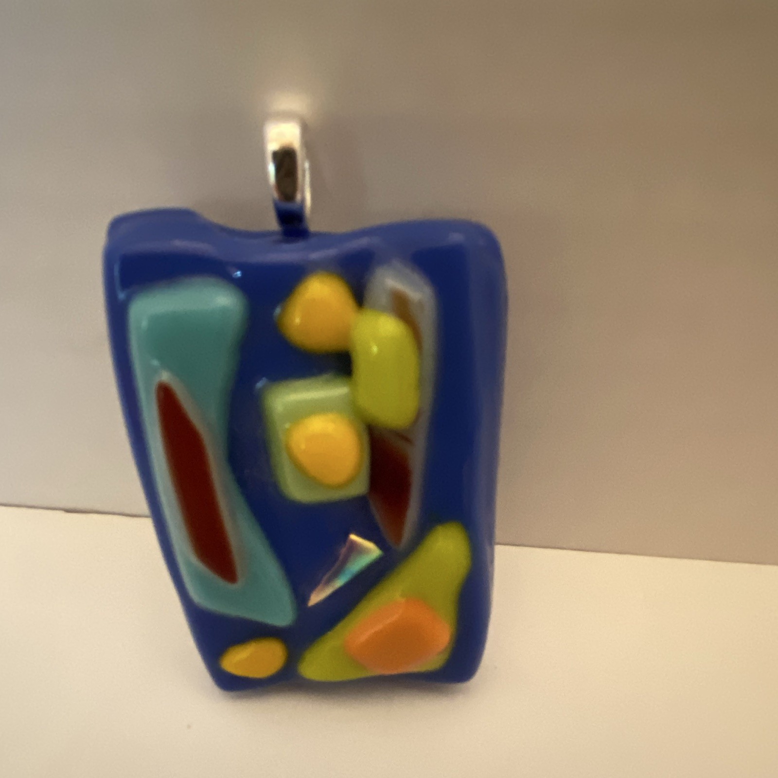 Fused Glass Silver Tone Bail Rectangle Multicolor Glass Charm Pendant Art Design
