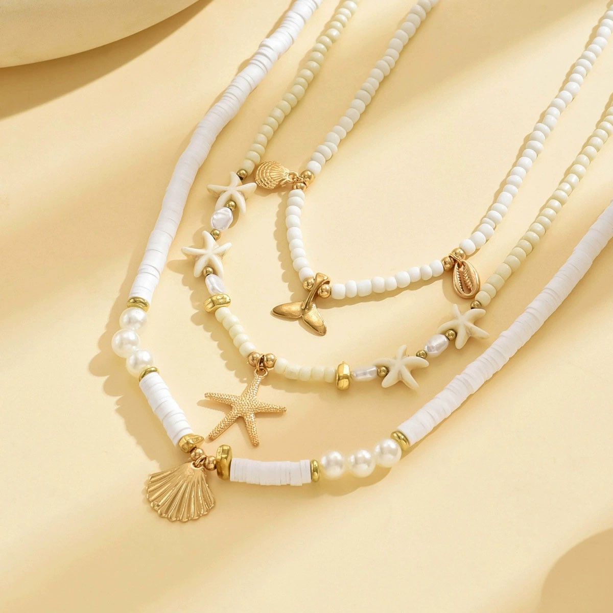 Three Layer Seed Pearl Necklace Shell Starfish Fish Tail Alloy Pendant Necklace