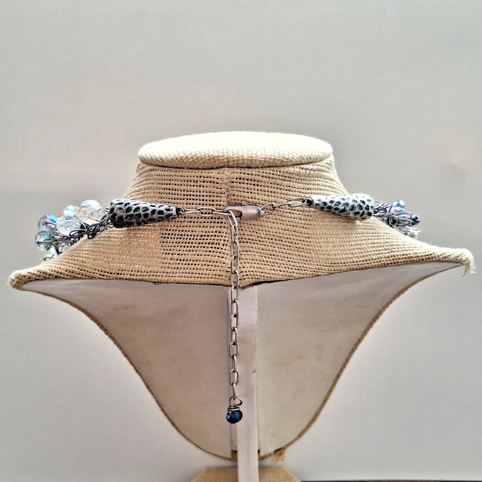Handmade Glass Necklace Ab And Clear Beads Bib Chocker Adjustable Necklace 18.5″