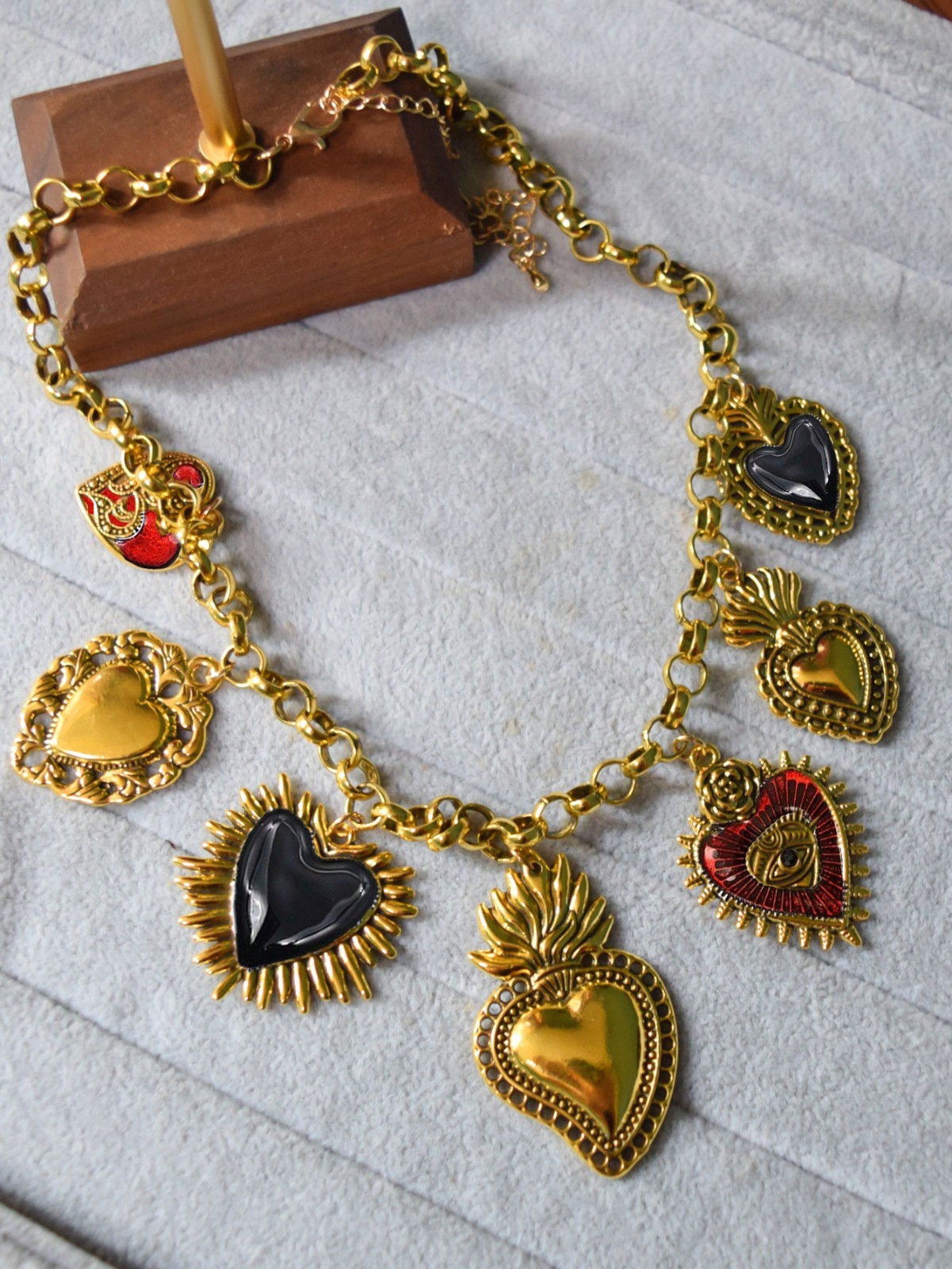 Gothic Chunky Chain Charms Flaming Heart Statement Necklace Evil Eyes Pendand
