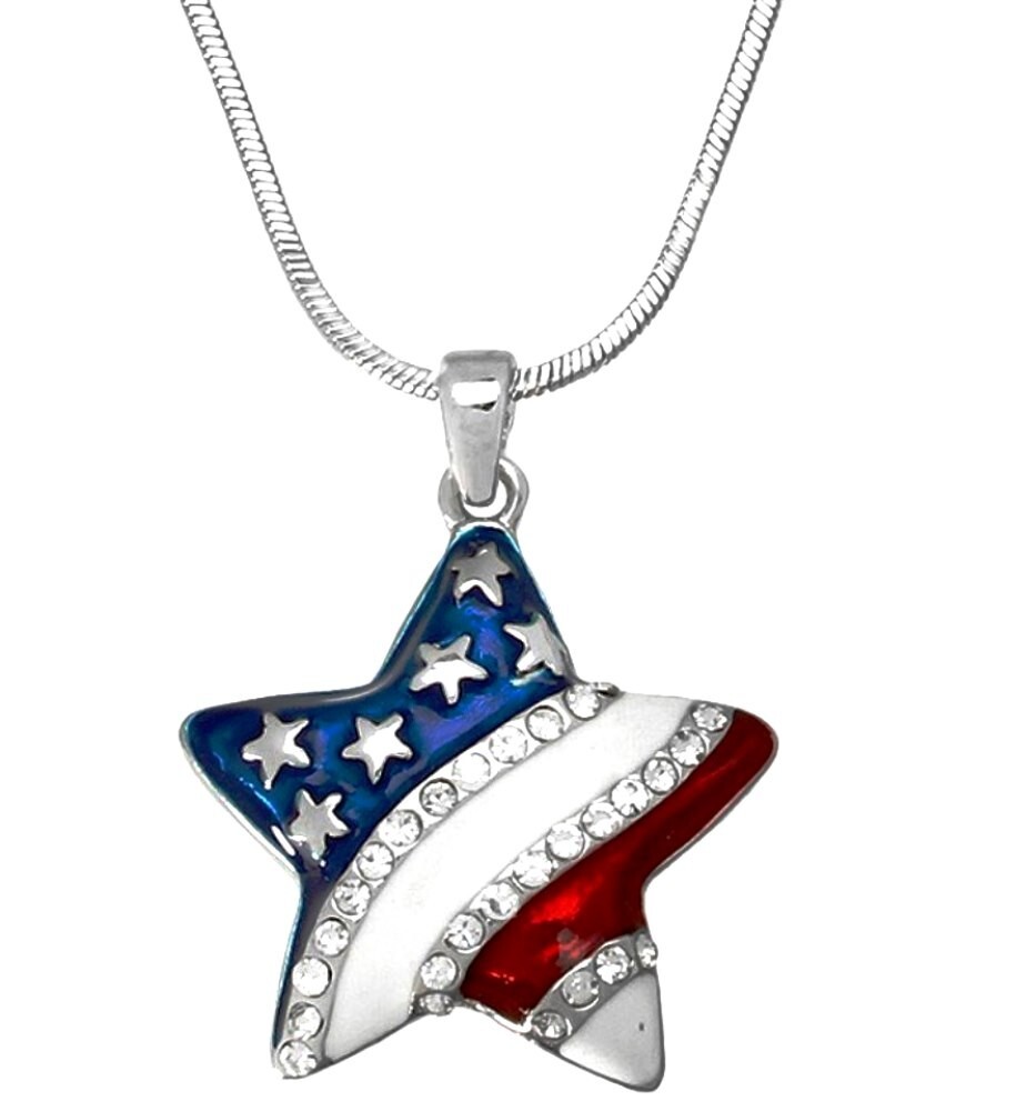 Patriotic Star Pendant Necklace Red White Blue American USA Flag Color