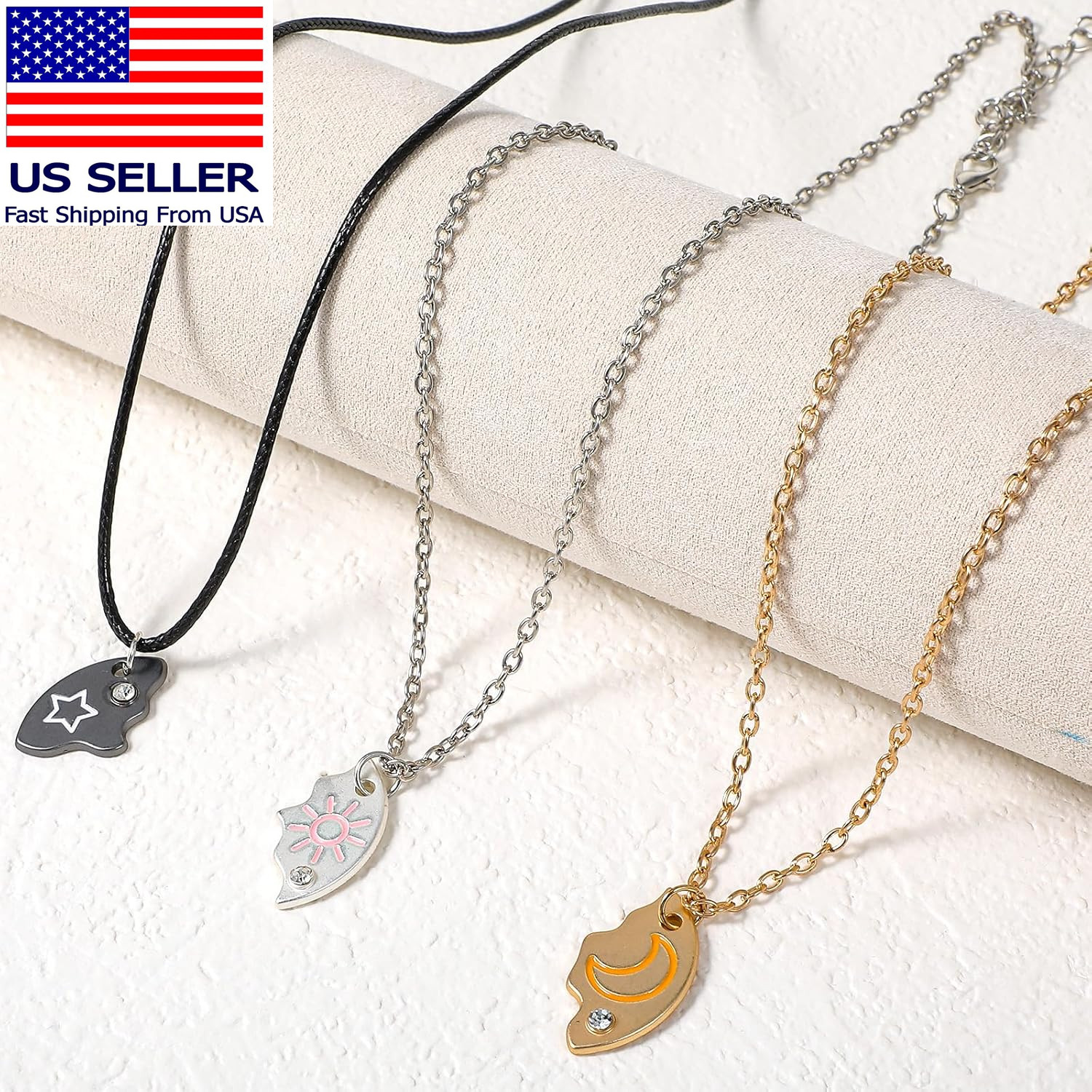 3Pcs Friendship Necklace for 3 Sun Moon Star Puzzle BFF Necklace round Matching