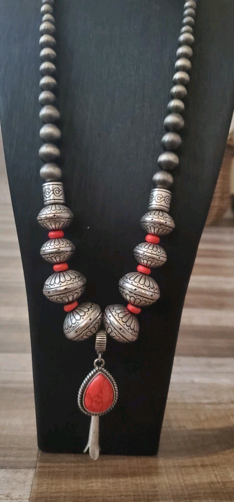 Unique Burning Man Beaded Necklace W/Pendant 32″ – 34″ Silver Tone