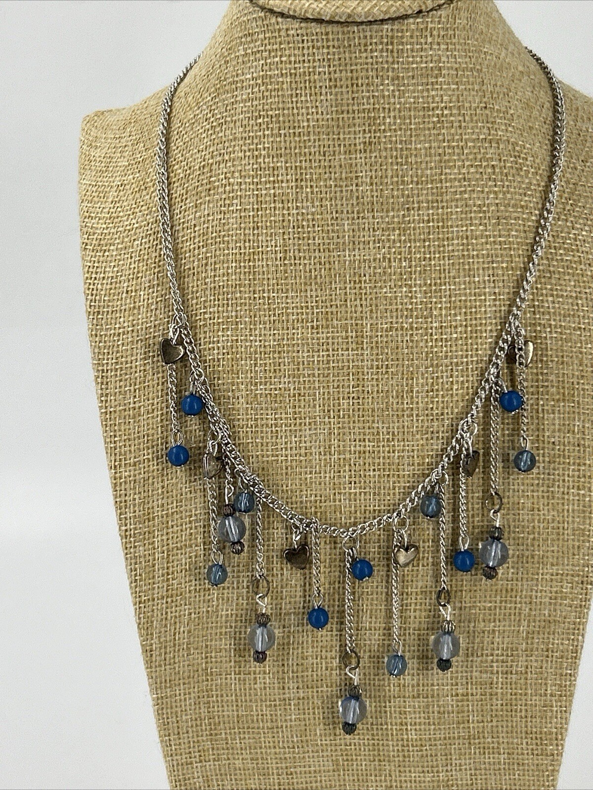 Silver Tone Blue Chandelier Choker Necklace Womens Bib Fringe Hearts Chain 17-19