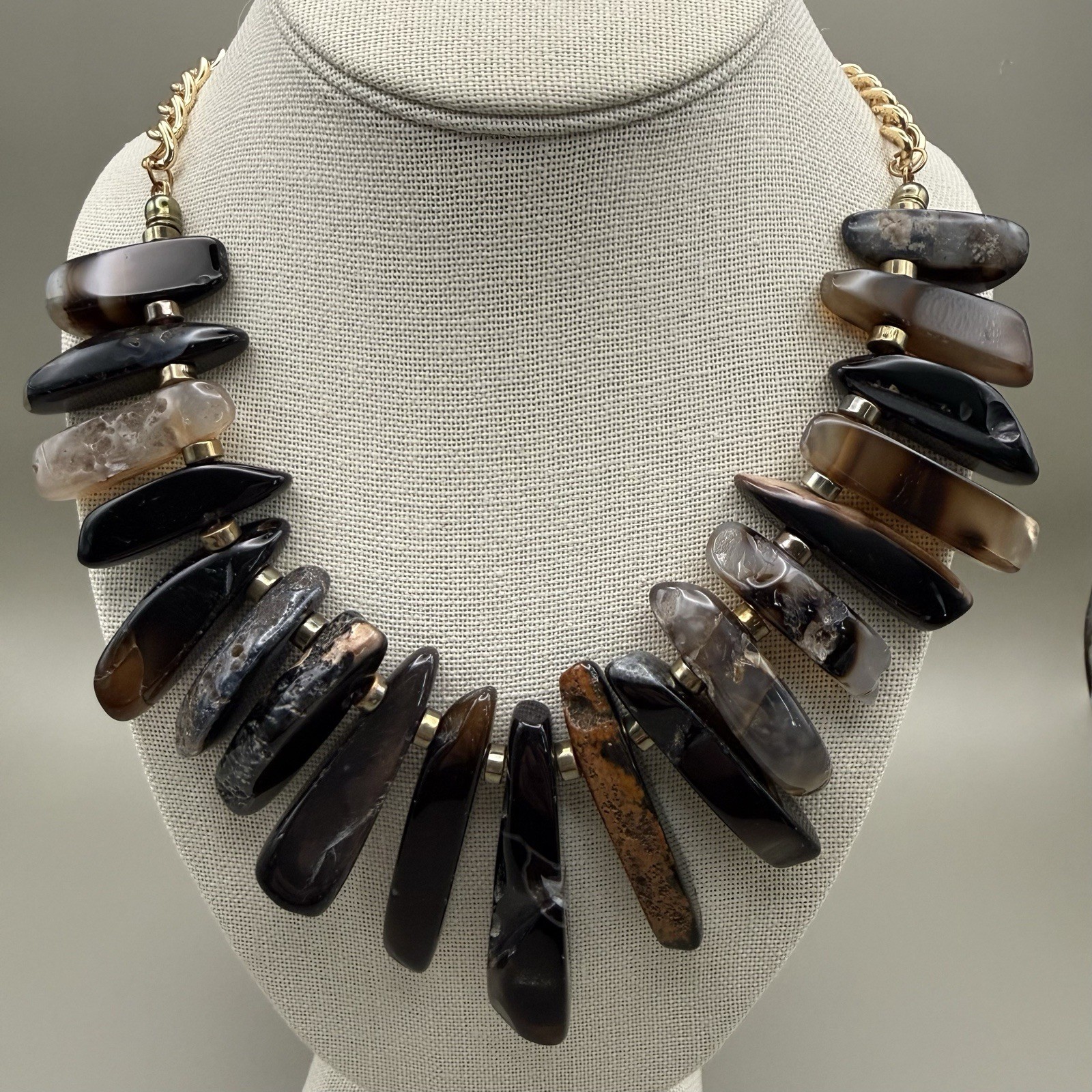 Stone Slice Collar Statement Bib Necklace Brown Black Grey 22″ Artisanal Earthy