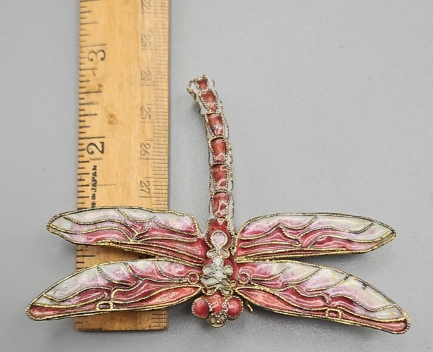 Pink Enamel Dragon Fly Pendant, 3.75″ across wings, 2.75″ head to tail. EUC P11