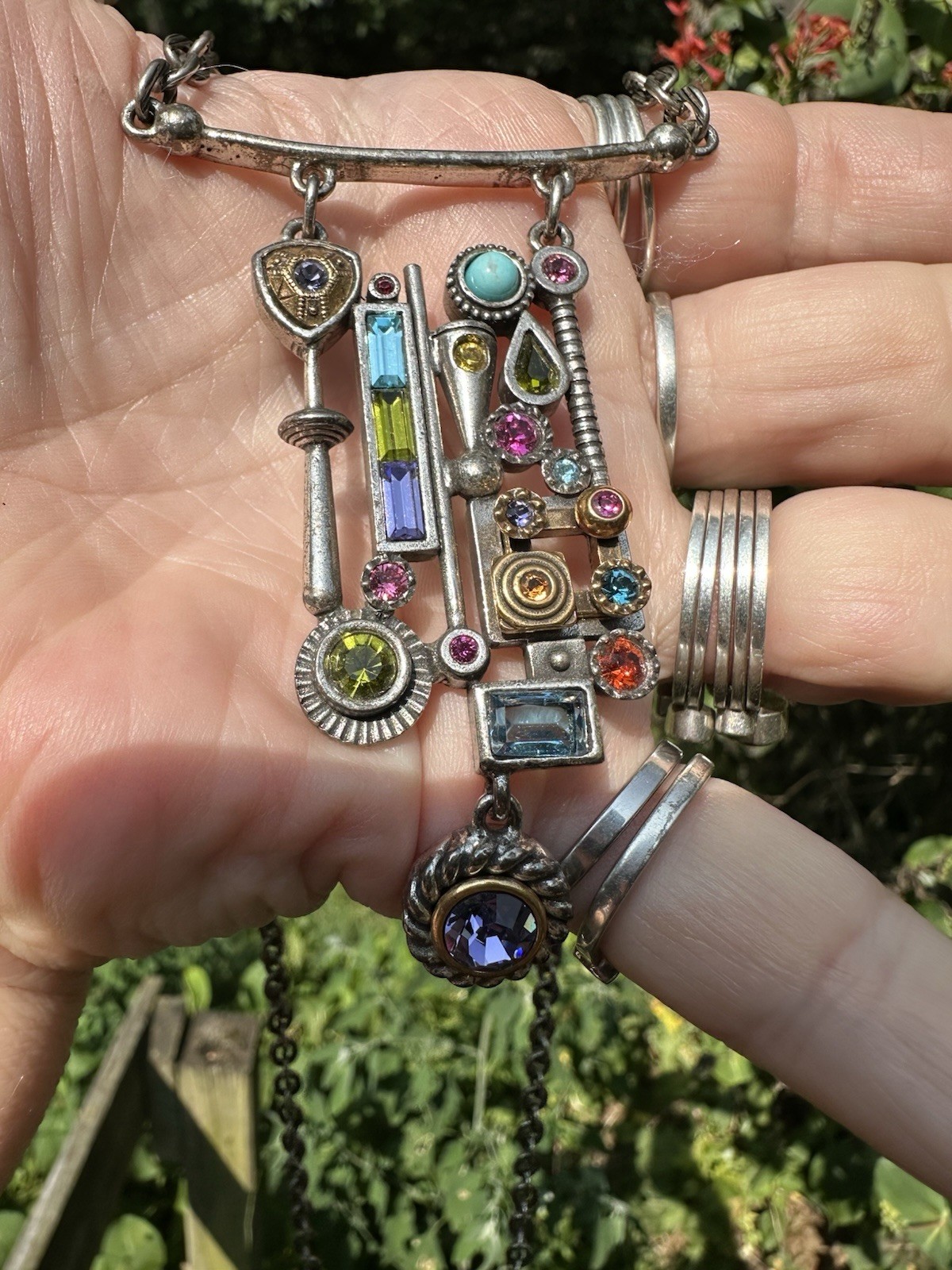 Patricia Locke Multi Color Silver Necklace Long Chain 38 Inch !!Wrap Twice!!1975