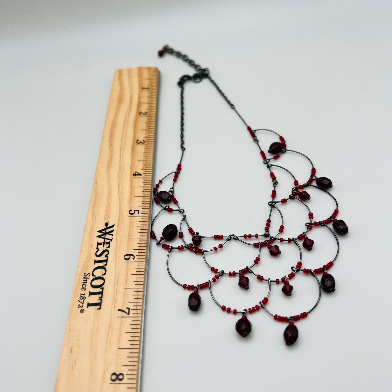Red Beaded Bib Necklace Gunmetal Wire Statement Boho Fashion Jewelry
