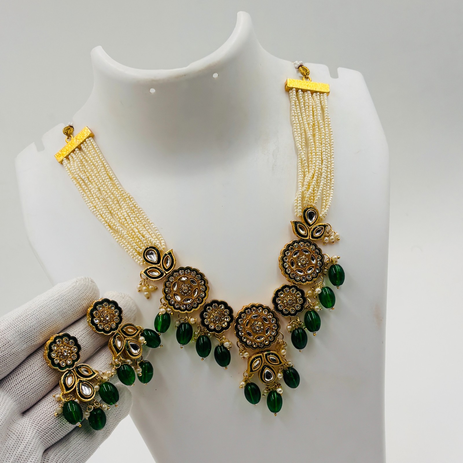 Gold Plated Pearl Statement Necklace Set Indian Bridal Jewelry for Women