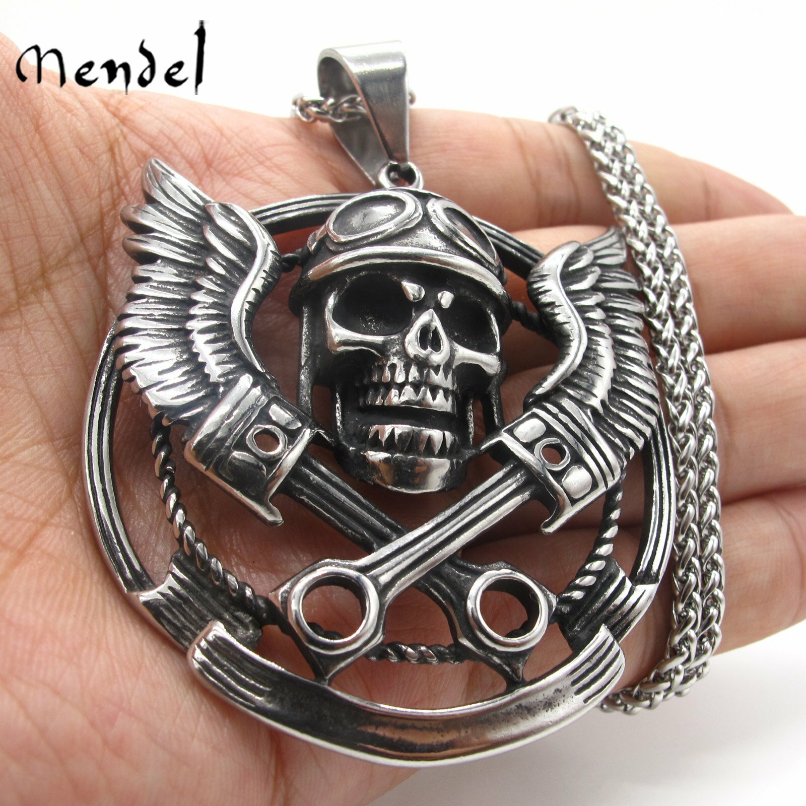 MENDEL Mens 30 Inch Motorcycle Club Biker Skull Pendant Necklace Stainless Steel