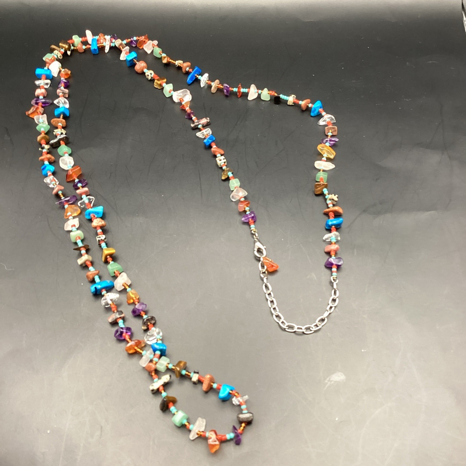 Multi Colored Chip Gemstones Long Adjustable Necklace