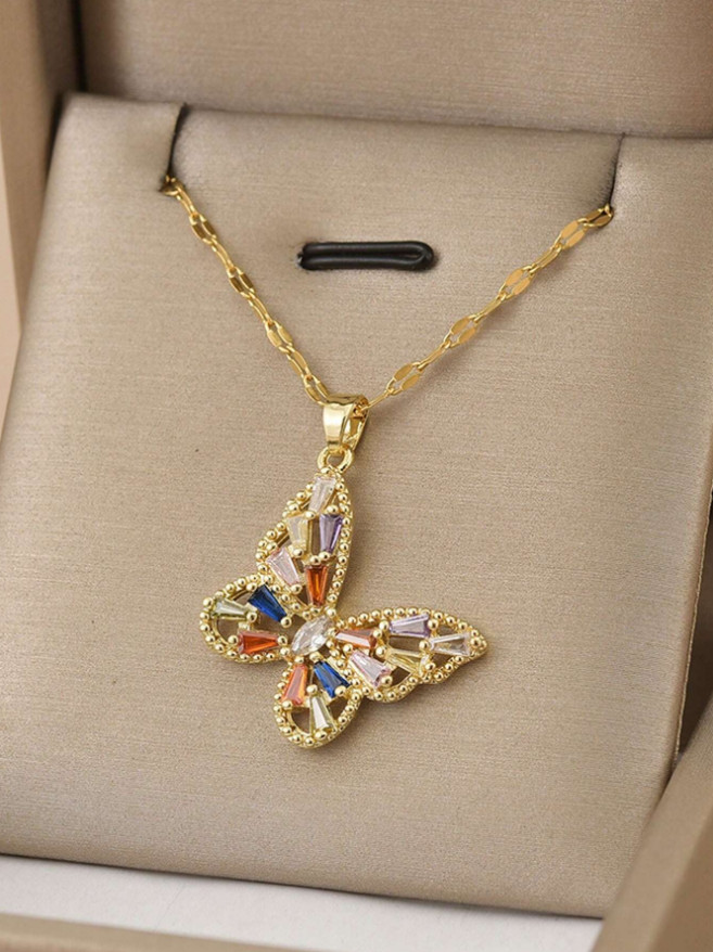 Women’s Fashion Jewelry Cubic Zircon Gold Color Butterfly Pendant Necklace Gift