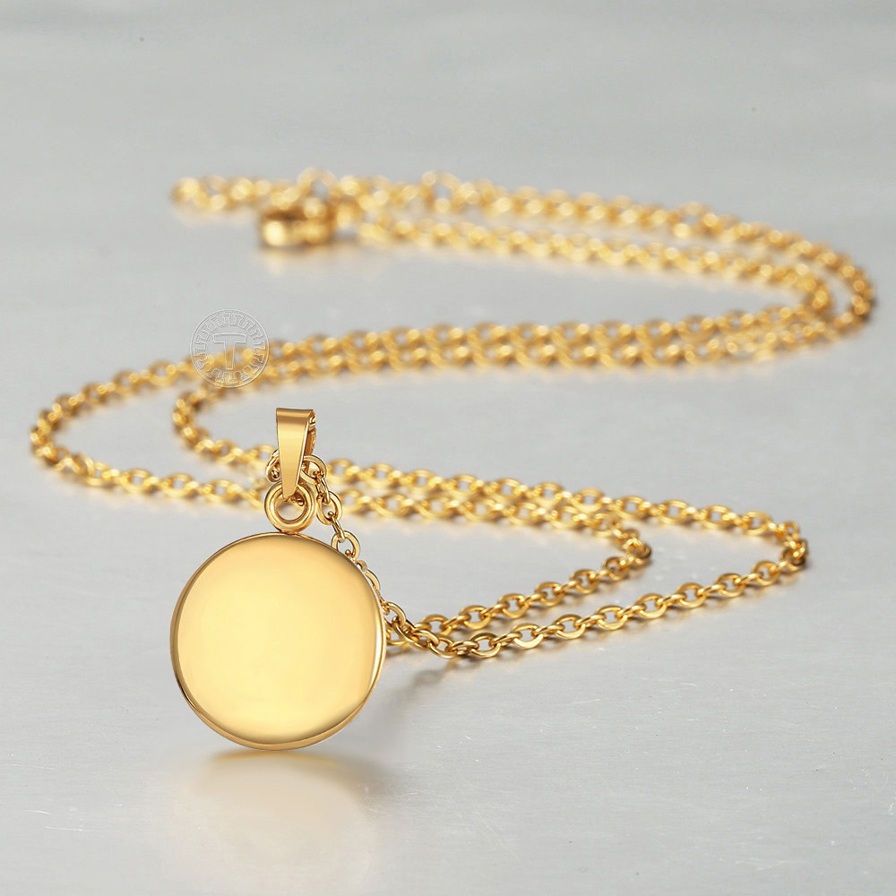 Gold Plated Stainless Steel Round Blank Tag Charm Necklace Box/Curb/Figaro/Rolo