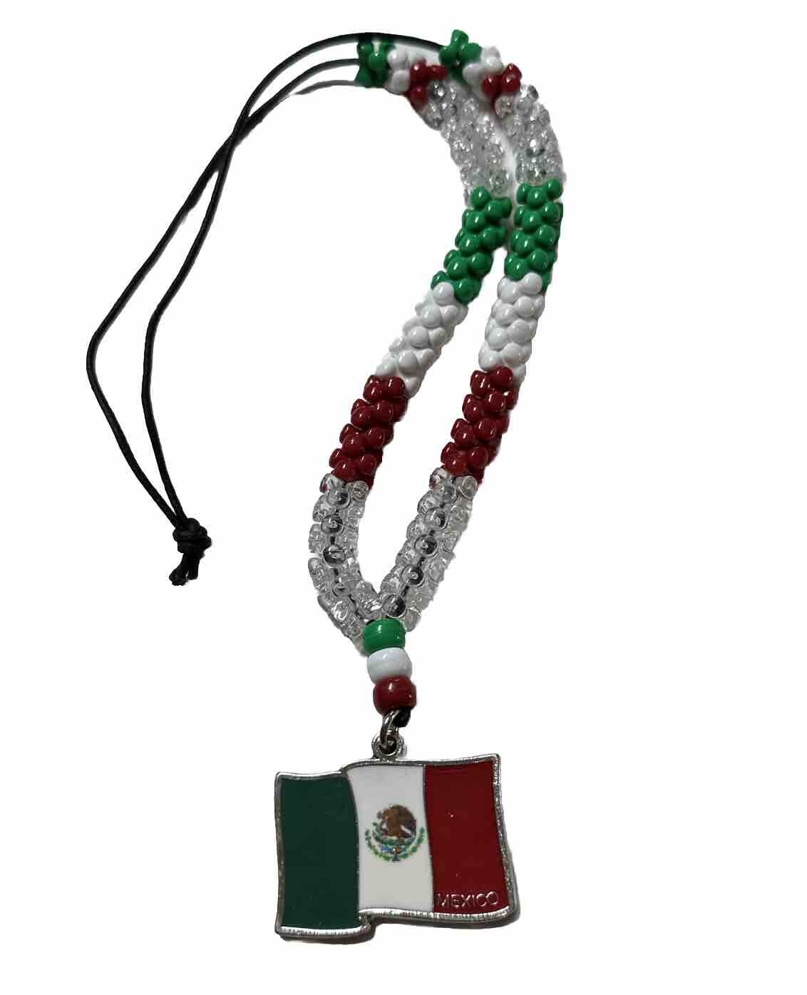 Mexico Flag Beaded Necklace With Leather String Hand Assembled New