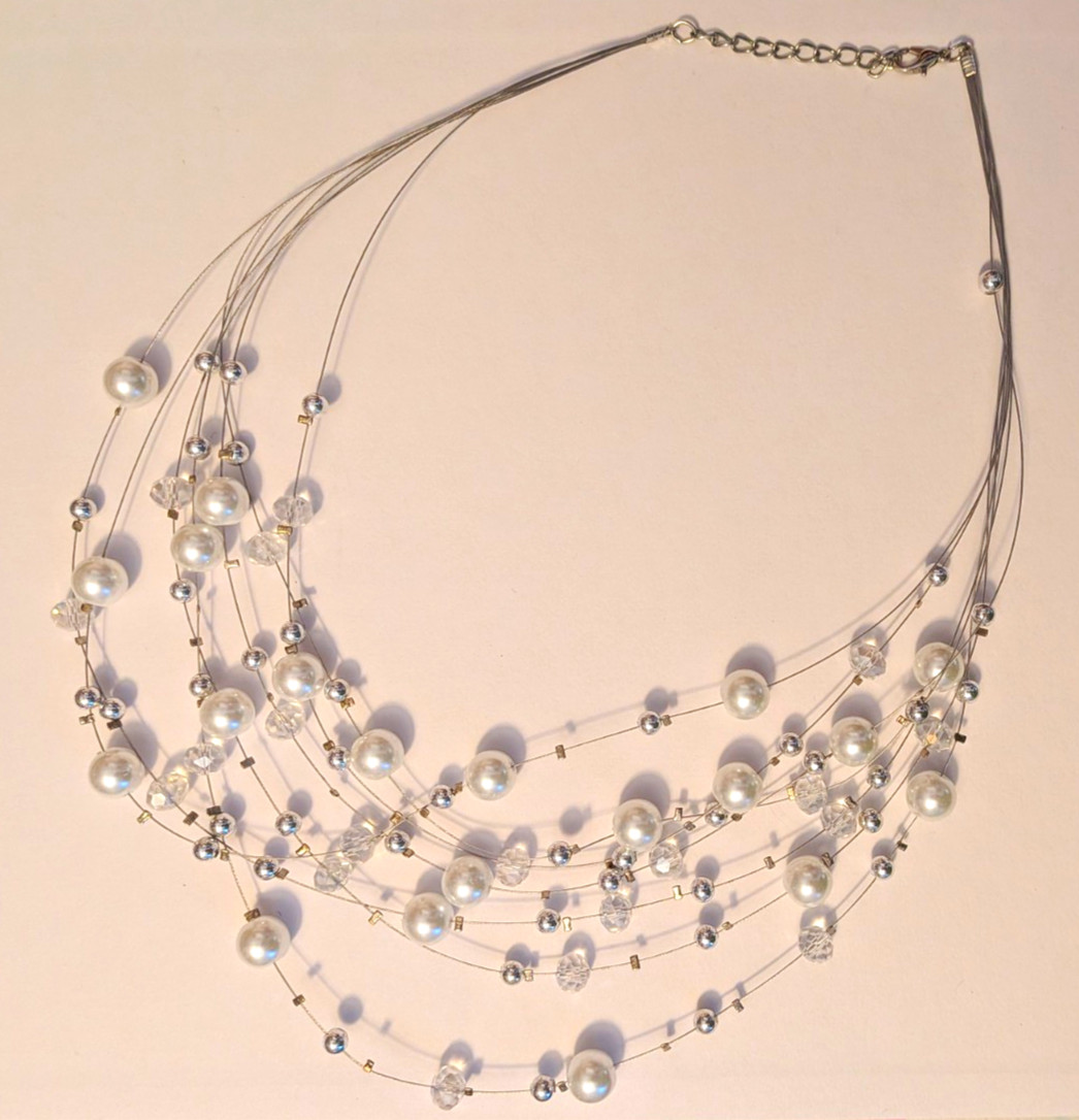 Multi-Strand Silver Plated Wire Necklace Faux Pearl Crystal Beads Adjustable