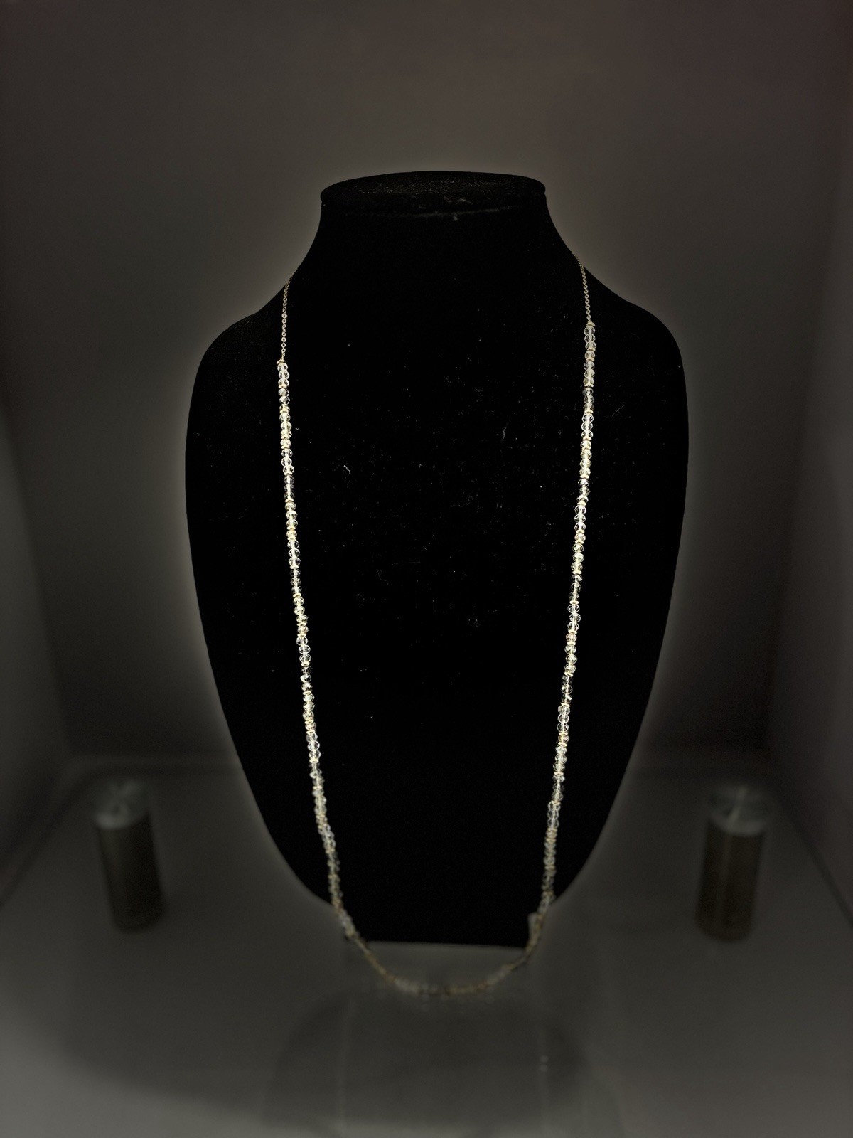 LOFT Long Beaded Necklace Gold Tone Faceted Clear Smoke Glass Crystal 34″ Opera