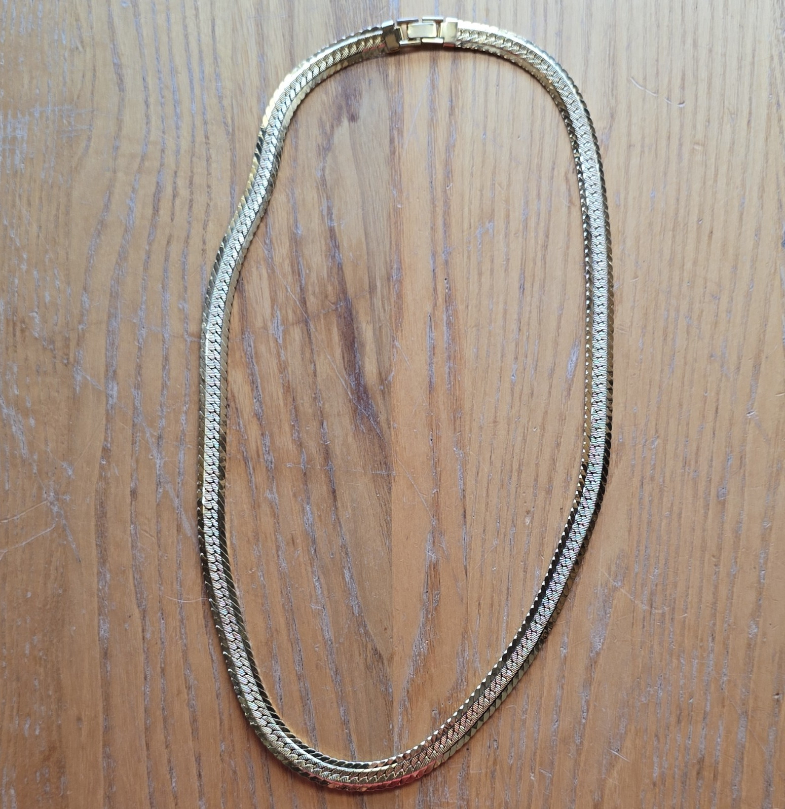 Gold Tone Herringbone Chain Necklace Metal Box Clasp No Stone
