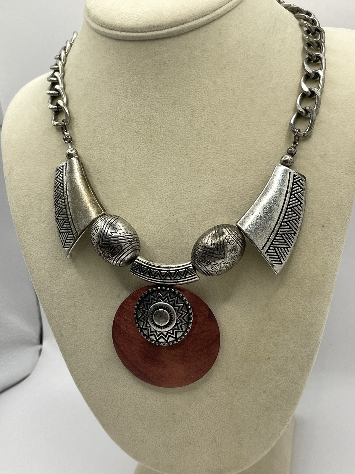 Silver Tone & Wooden Boho Ethnic Tribal Style Bib Statement Necklace