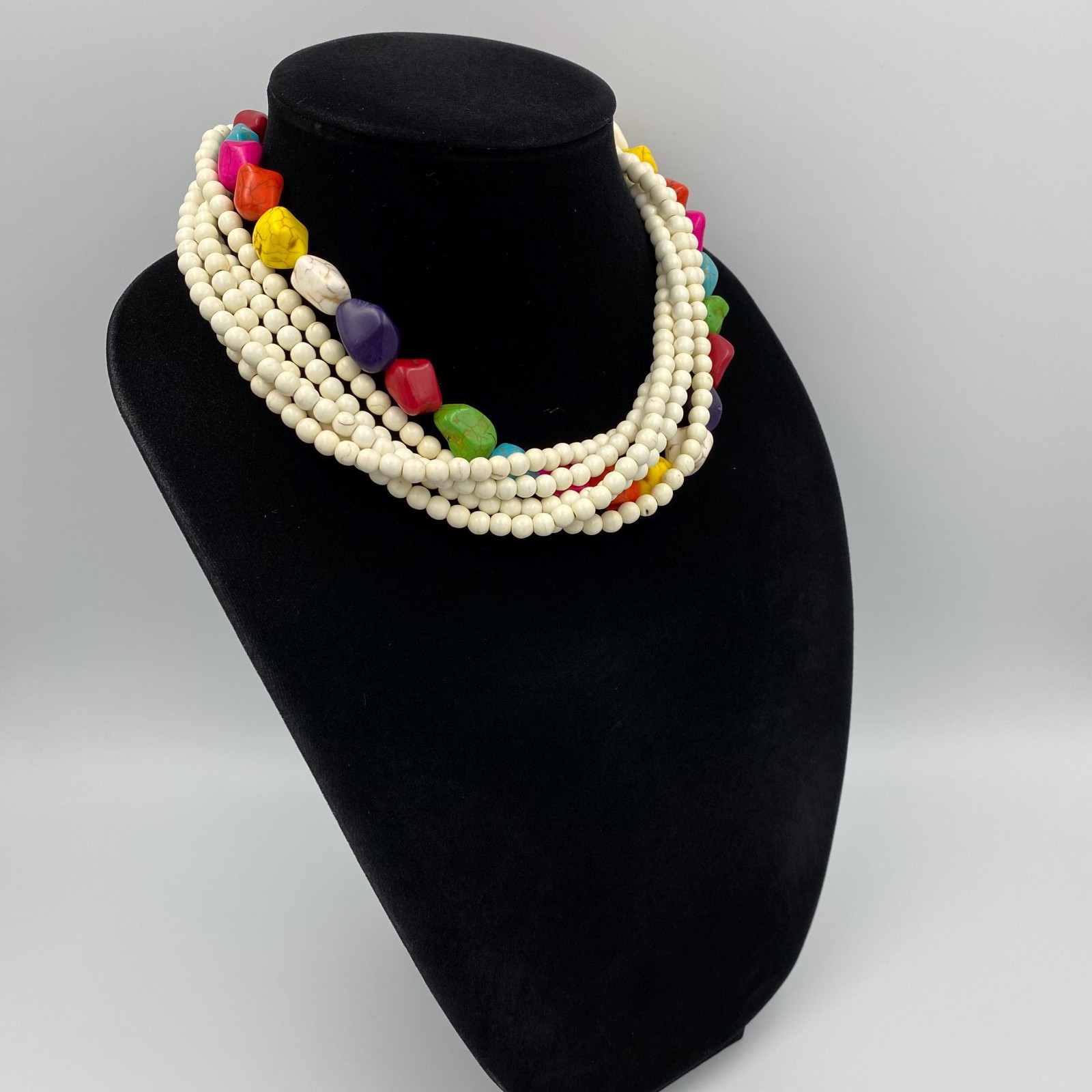 Ivory Turquoise Necklace, Chunky Bold Multi Strand Beaded Statement Jewelry