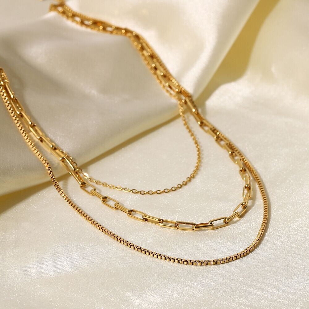 Woman 18K Gold Plated 3 Layer Paper Clip Box Chain Necklace Rolo Link
