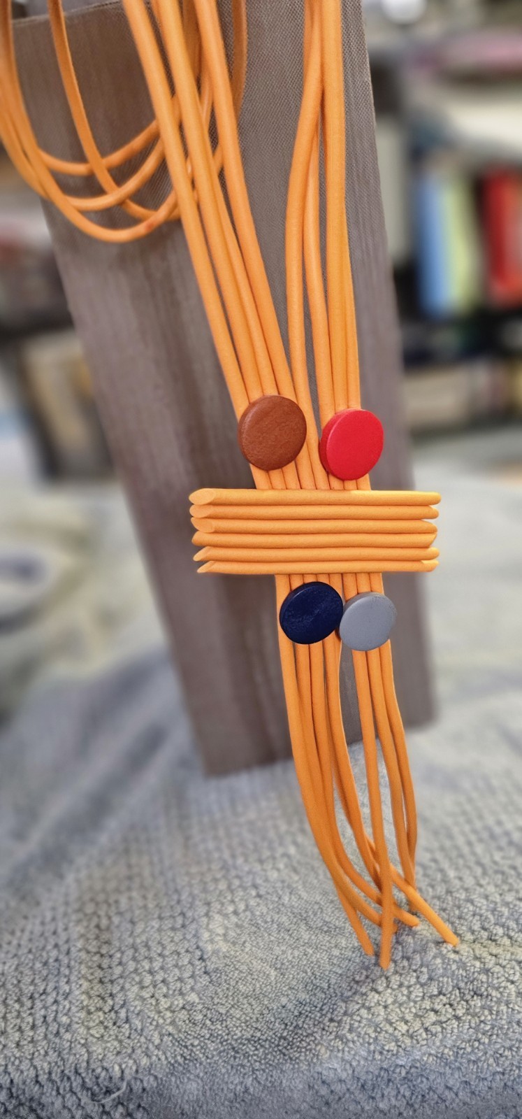 Orange Rubber Cord Pendant Necklace 24 in, 4 Round Beads, Art Charm