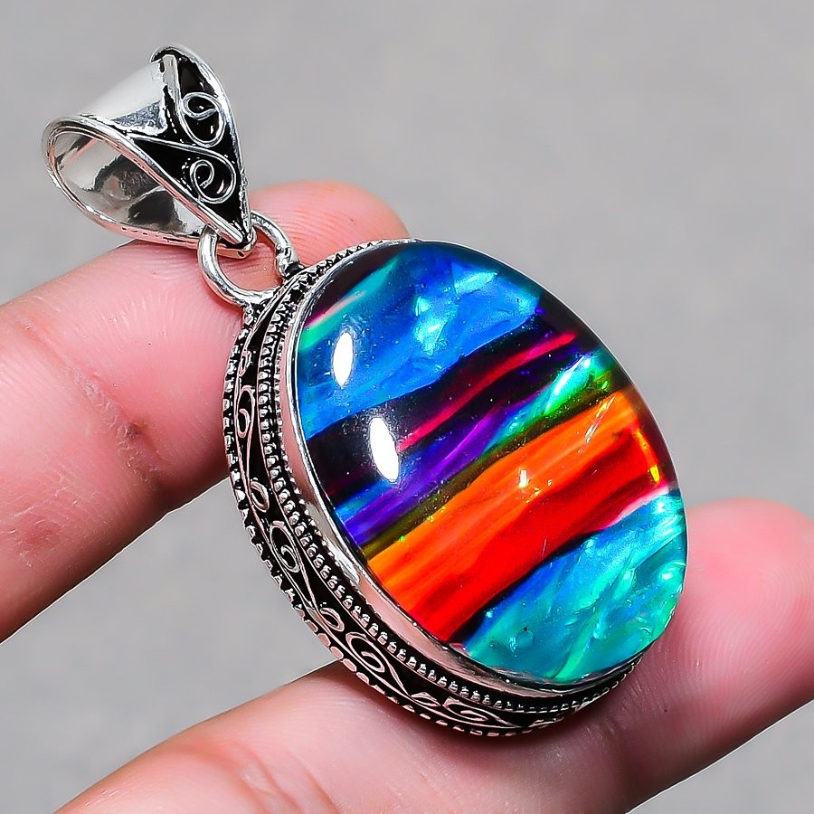 Dichroic Glass Oval Shape Gemstone Pendant Handmade Vintage Jewelry 2.1″ VP 3541