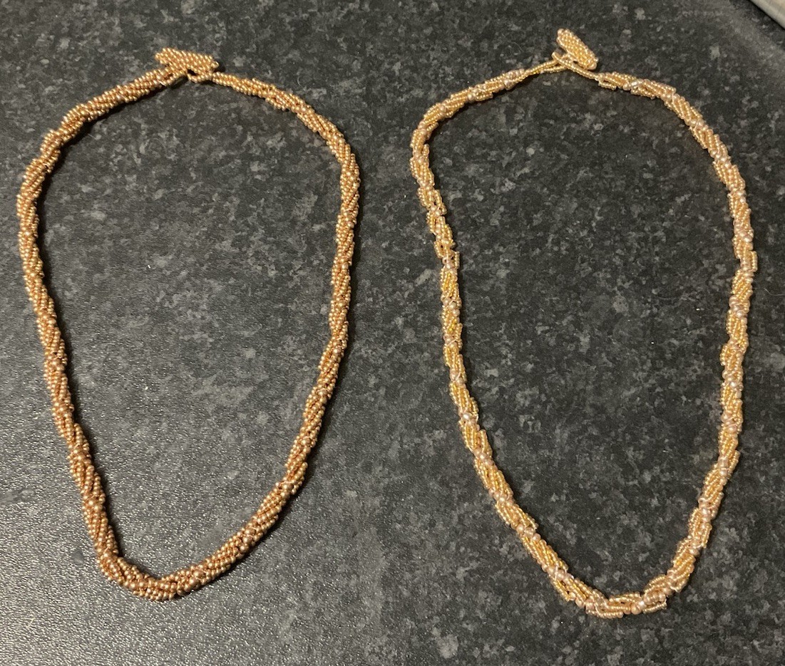 Preloved Boho Seed Beaded Strand X 2 Necklaces Beige Gold Handmade, 46/48cm