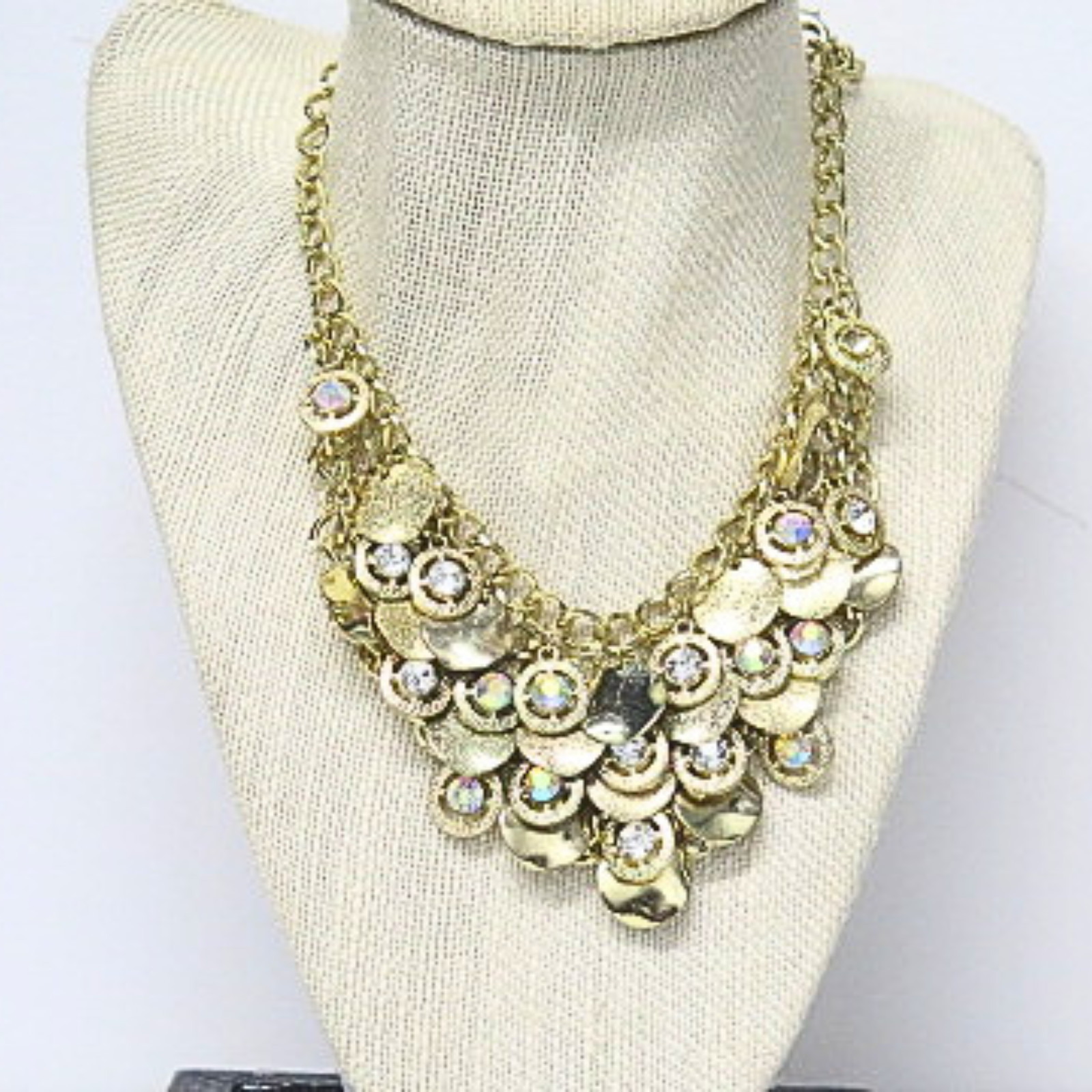 Gold Tone Crystal Coin Statement Bib Necklace AB Rhinestones Adjustable