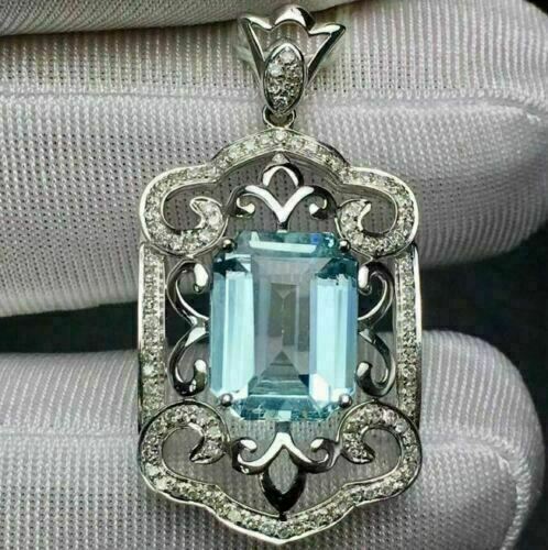 Art Deco 3 Ct Emerald Simulated Aquamarine Women’s Halo Pendant 925 Silver