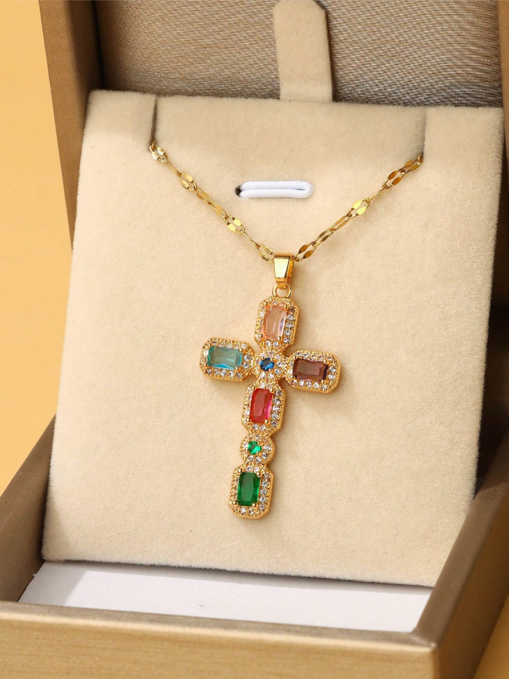 Women Gold Rainbow Cross Necklace Multicolor CZ Crystal Christian Religious Gift