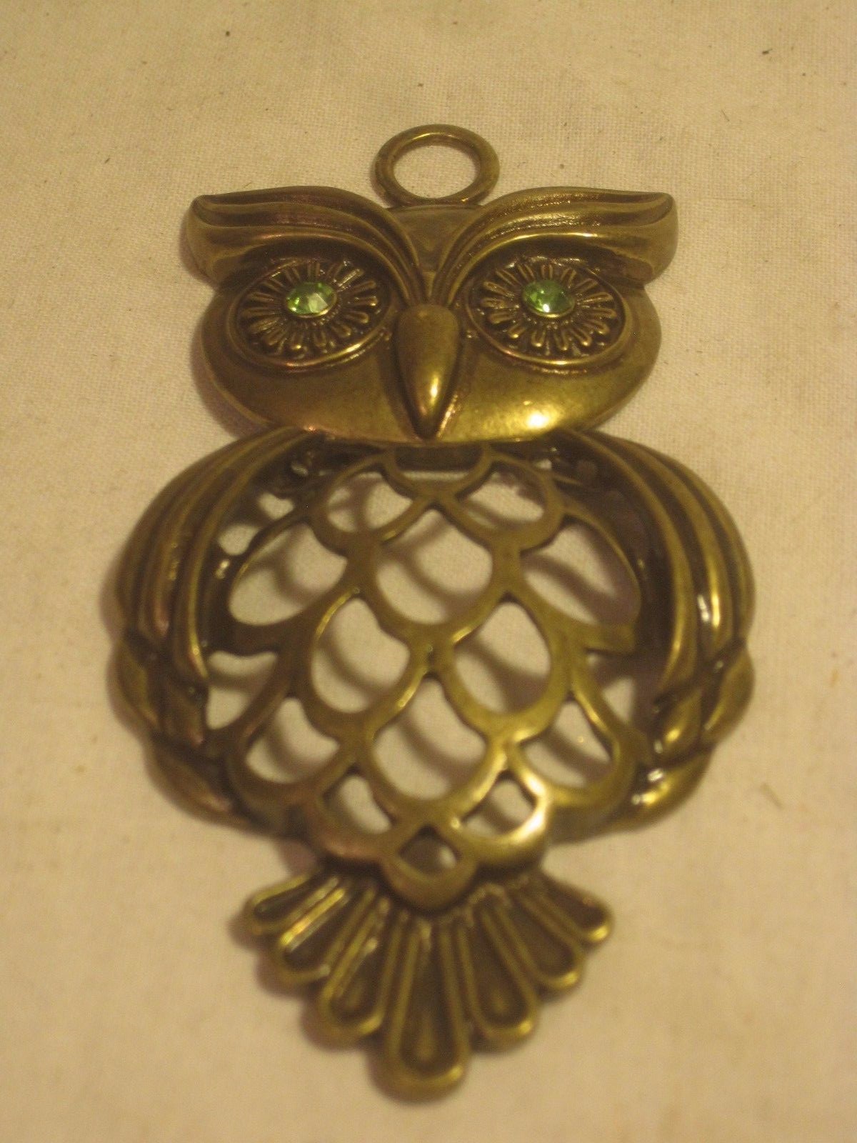 ornate metal owl charm pendant rhinestone eyes? 2 part approx. 3.75″ wise bird