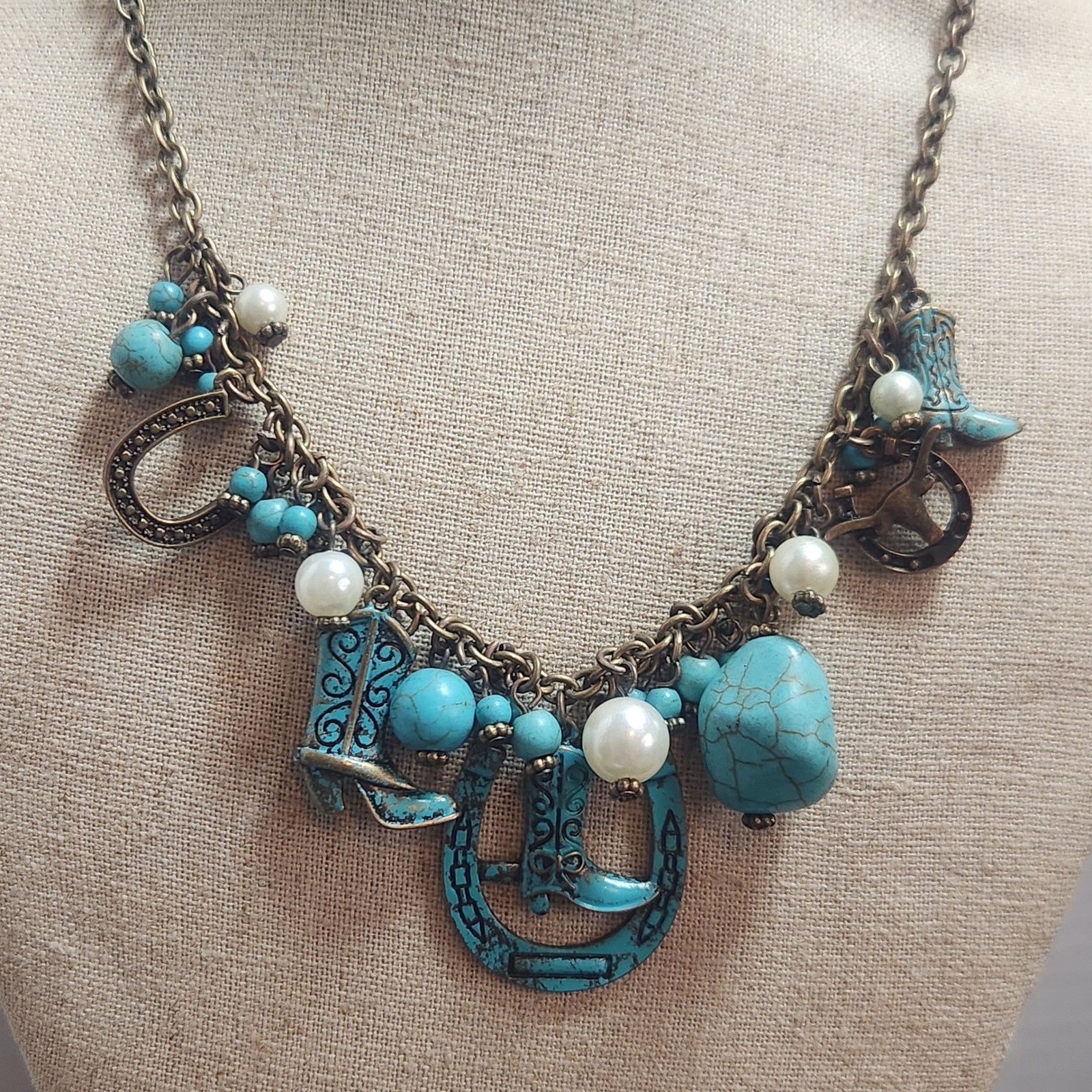 Western Turquoise color Cowboy Boot Horseshoe Charm Statement Necklace