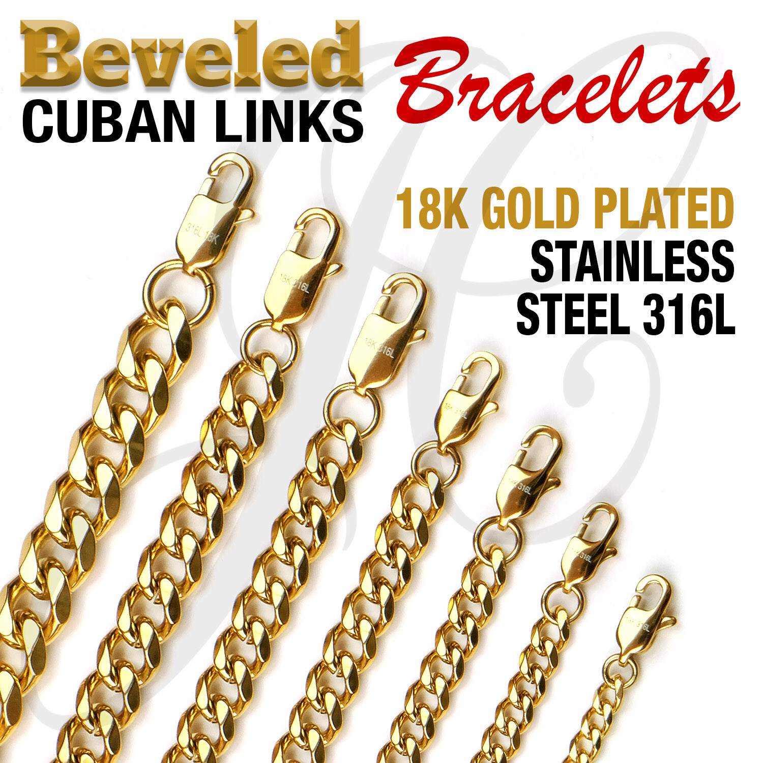 18K Gold Plated Stainless Steel 316L Beveled Cuban Link Chain Bracelet Men Women