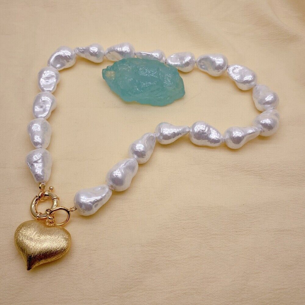 White Sea Shell Baroque Necklace Brushed Heart Pendant