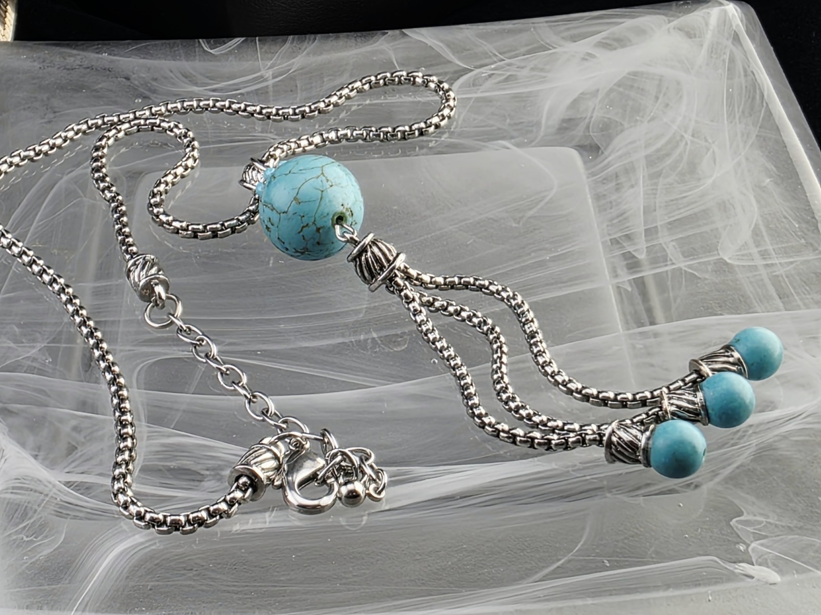 Southwestern Turquoise Tassel Pendant Necklace Heavy Silver Tone 16½” – 19½”